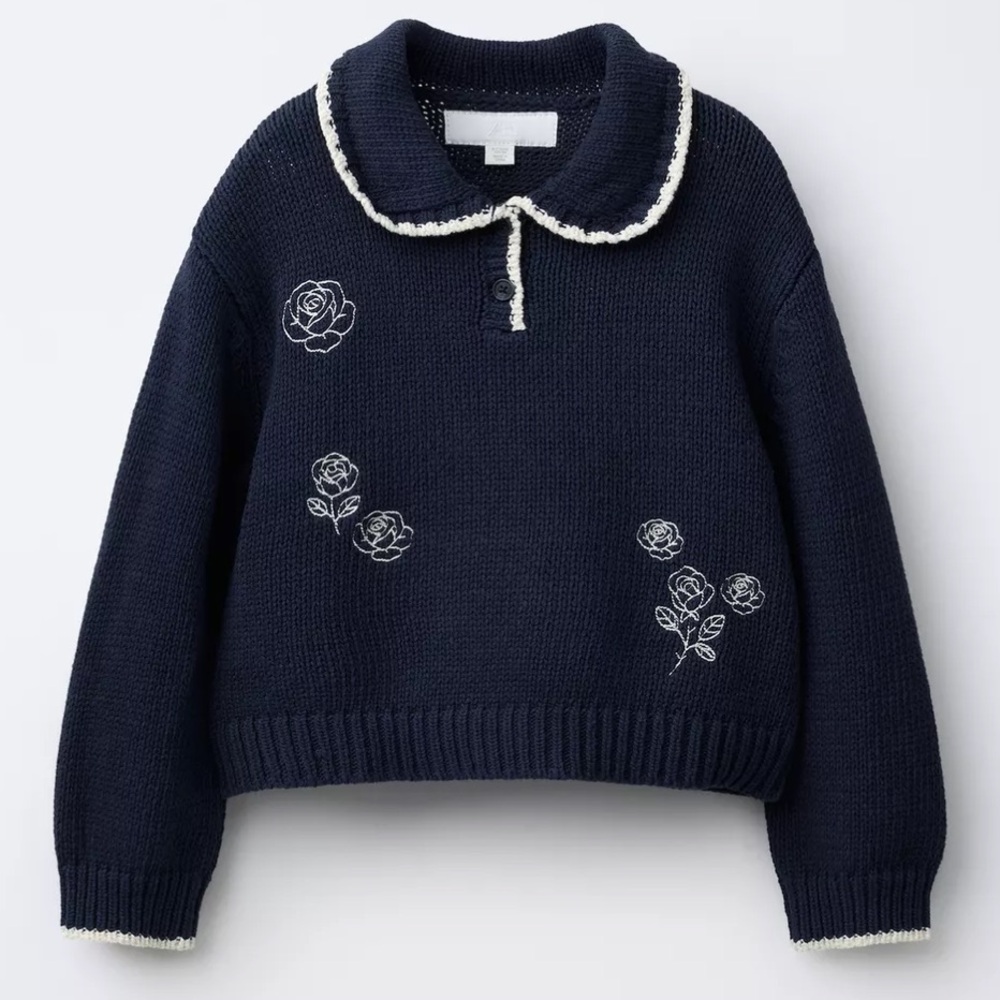 Zara Navy Blue Kids Sweater with White Embroidery